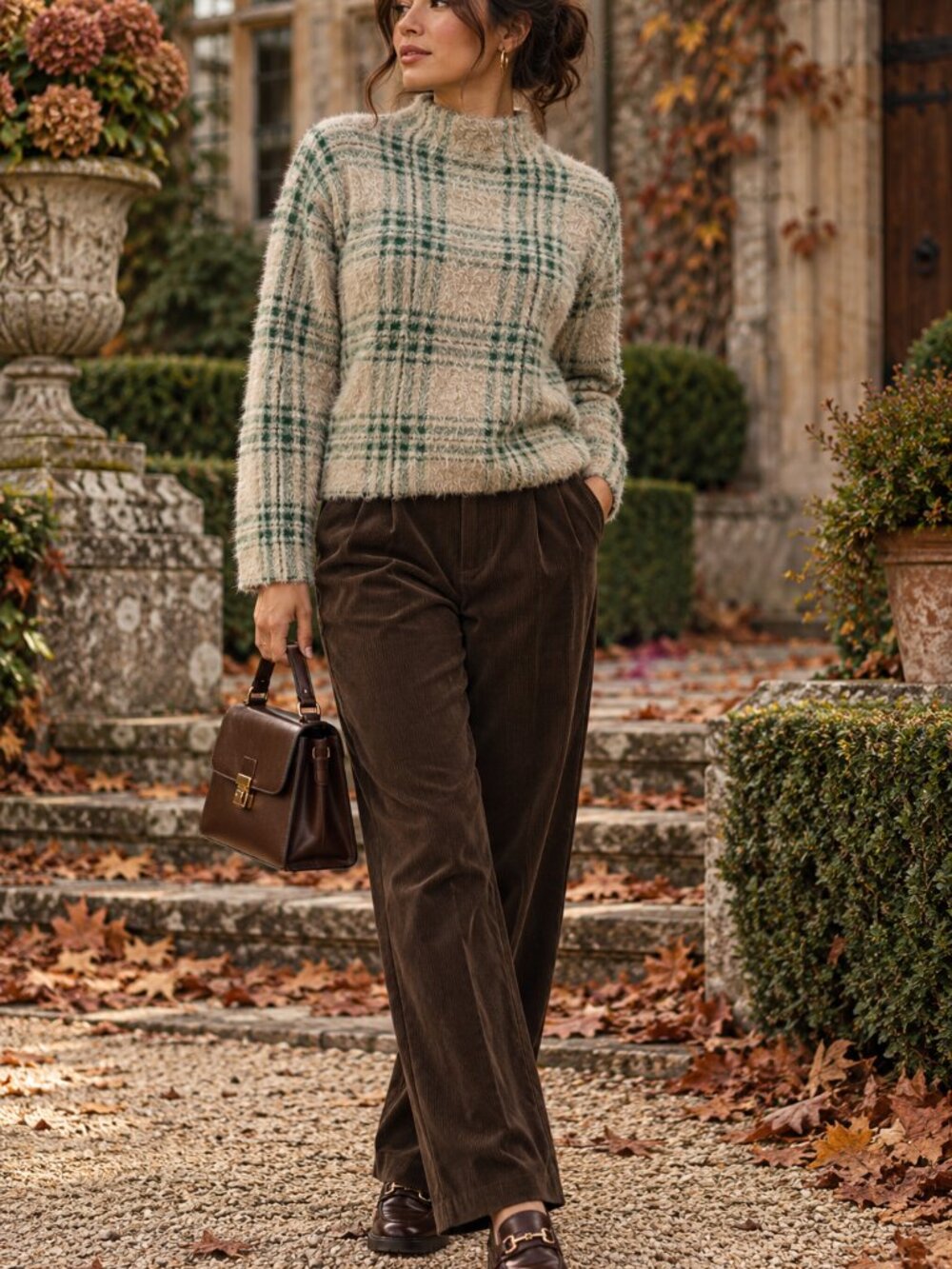 Tahari Fuzzy Plaid Mock Neck Sweater Small Cream Green Soft Eyelash Knit